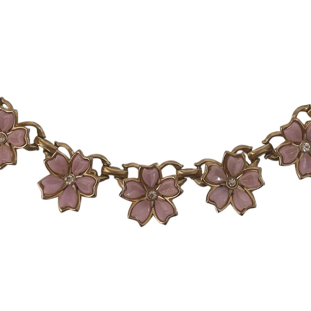 1960s Lavender Thermoset White Rhinestones Flower Adjustable Choker Necklace - Picture 5 of 6